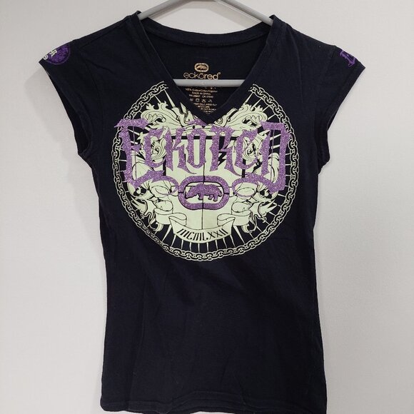 Ecko Red Black V-Neck Graphic T-Shirt, Purple Rhinestone Design, Y2K Style Sz S - Picture 1 of 5